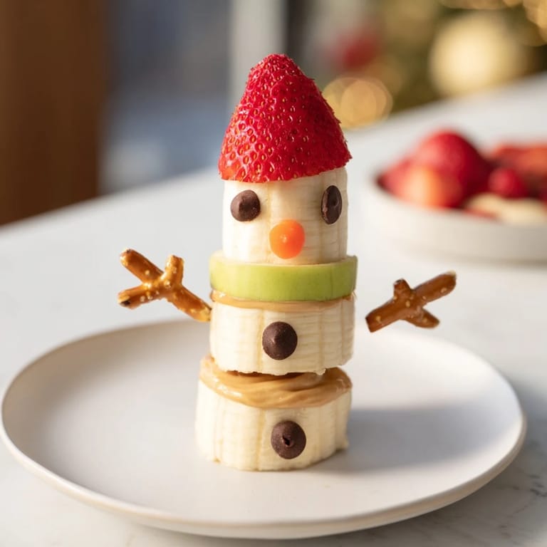 See the cheerful Banana Peanut Butter Snowmen: peanut butter-glued bananas, chocolate chip eyes, and pretzel arms.
