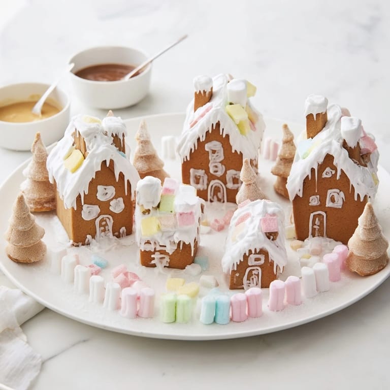 Homemade gingerbread village scene with spiced cookies, marshmallows, and chocolate hazelnut spread, ready to serve.