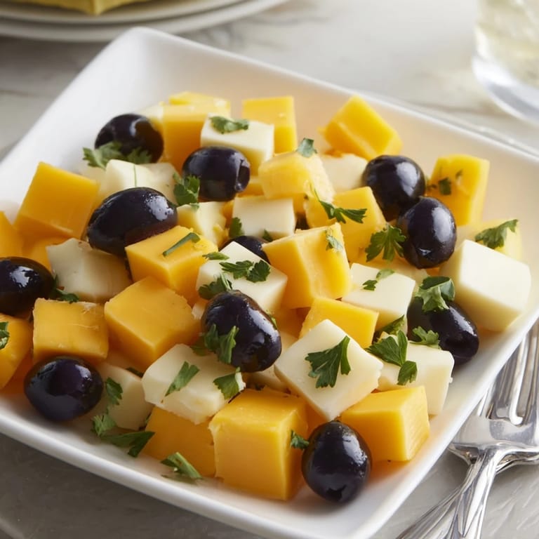 This Cheese and Olive Chess Board appetizer is ready to serve alongside crunchy crackers.