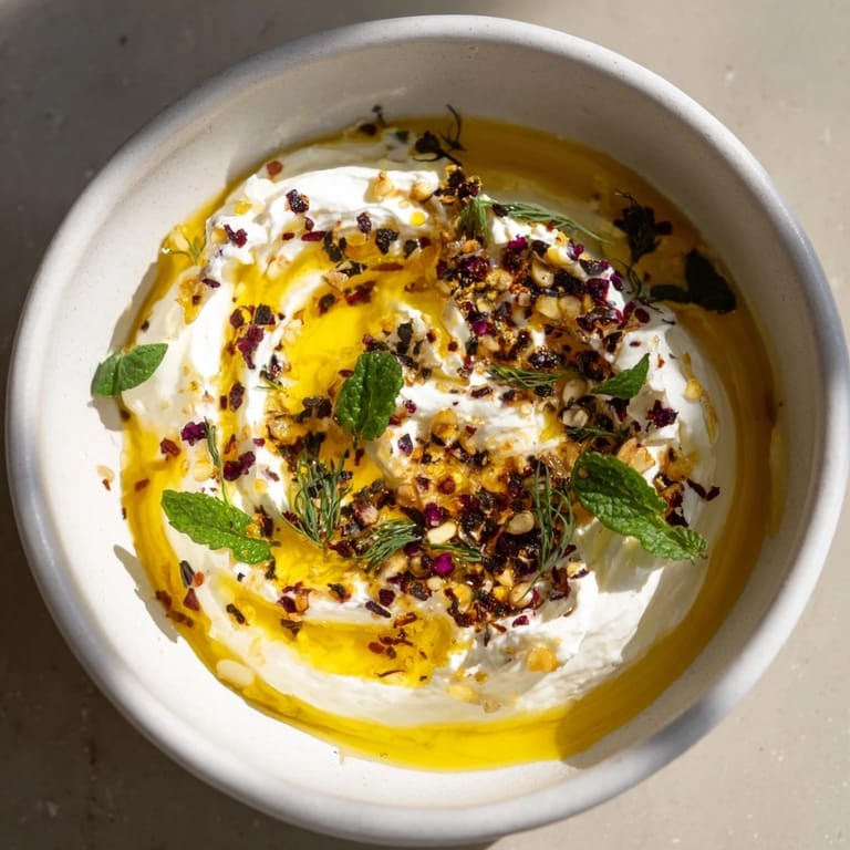A close-up of the smooth, whipped Angel Wings Whipped Feta Dip garnished with herbs and honey.