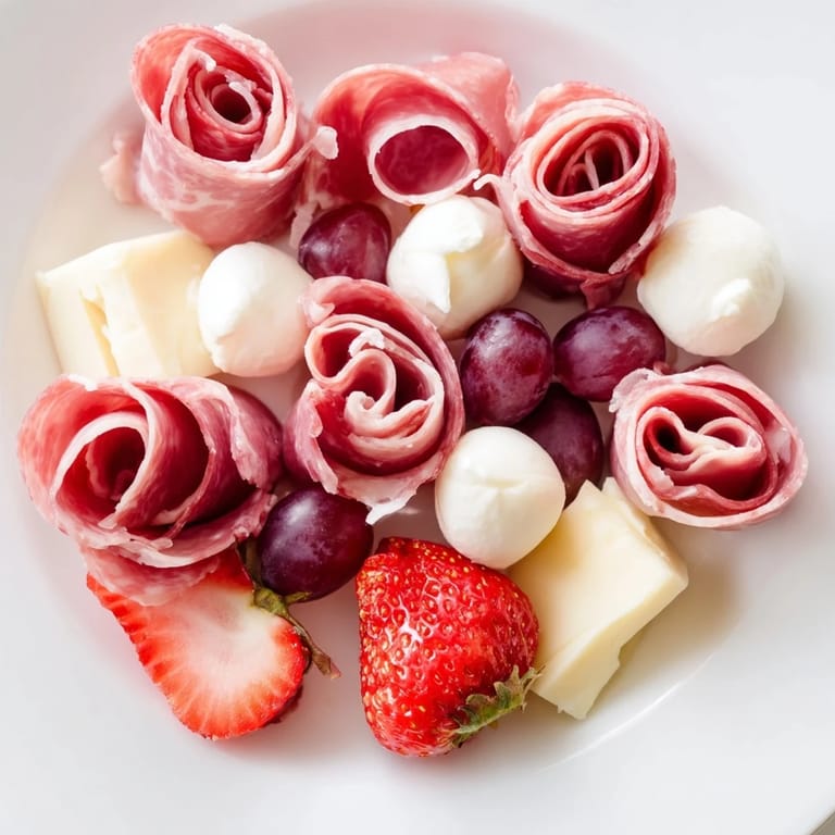 The Prosciutto Rose Bouquet Board displays artistic layers of meats, fruits, and cheeses, ready to be enjoyed.