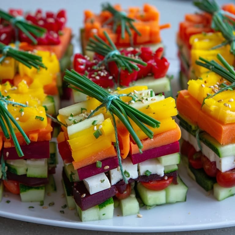 Freshly assembled Stacked Gift Box Veggie Cubes, with bright vegetable layers tied with chive ribbons, ready to serve.