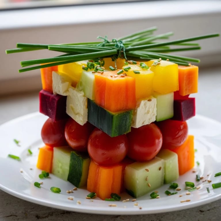Colorful and refreshing, these Stacked Gift Box Veggie Cubes offer a visually stunning, healthy party snack.