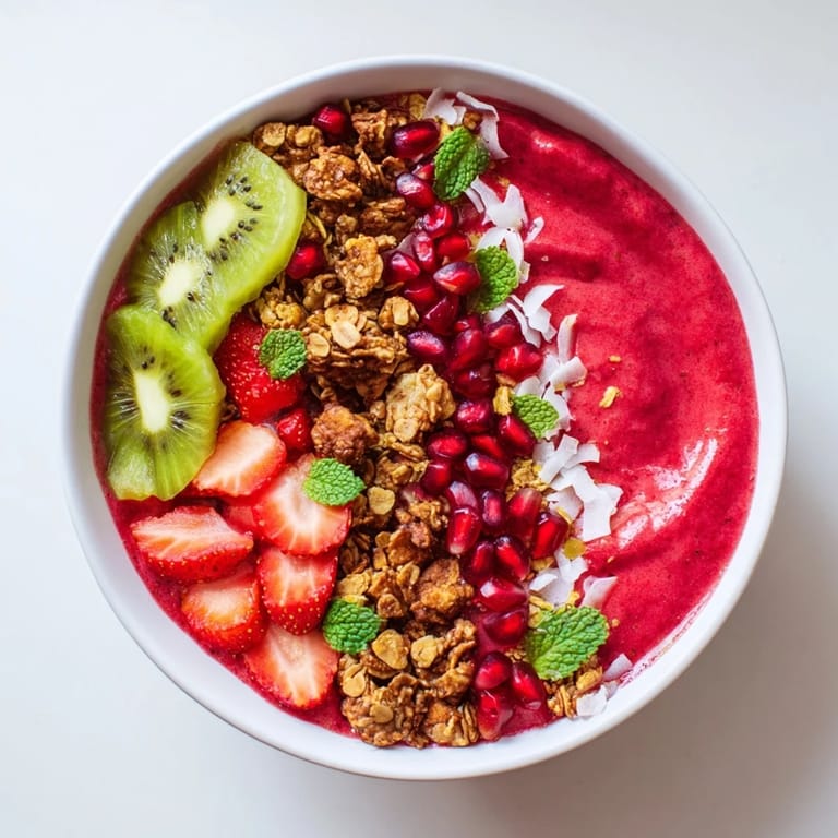 This photo features creamy Festive Red and Green Smoothie Bowls, overflowing with fresh fruit toppings and coconut flakes.