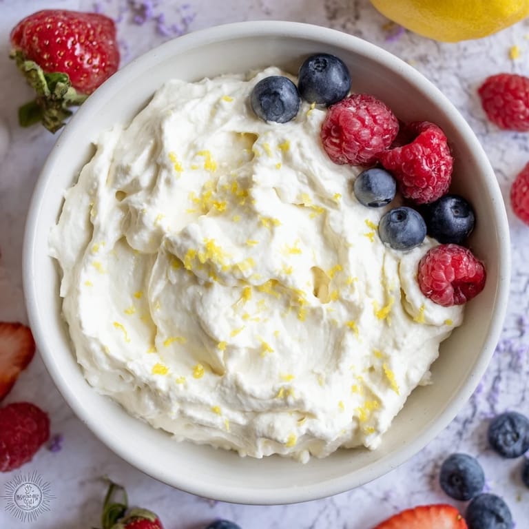 Sweet and tangy fluffy cream cheese fruit dip, served alongside a colorful berry medley.