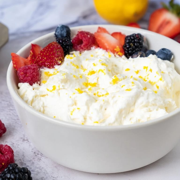 Close-up of fluffy cream cheese fruit dip, perfect for parties, with fresh berries ready to enjoy.