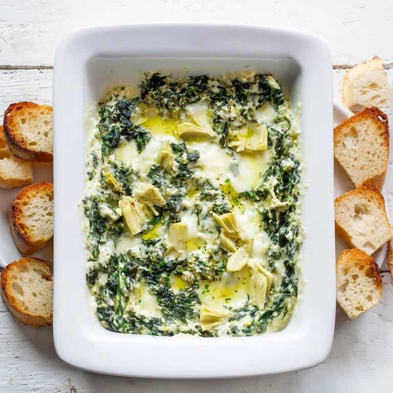Warm Spinach Artichoke Dip, savory and delicious, ready to be scooped with crispy baguette.