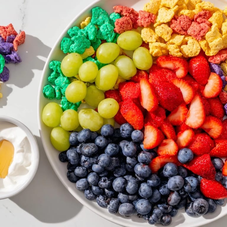 Colorful rainbow Goldfish crackers spill onto a platter with berries for a delightful and healthy treat option.