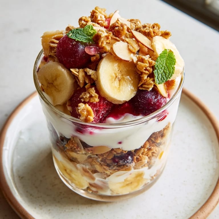 A close-up view shows these Yogurt and Granola Parfaits, promising fresh summer flavors with every bite.