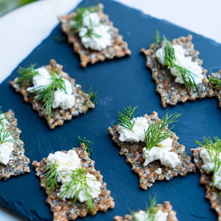 Creamy white cheese “whitecaps” atop dark grey crackers create an elegant The Stormy Sea plate.