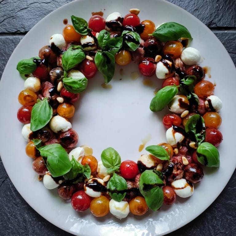 This Appetizer Wreath features bright red and yellow tomatoes with fresh greens; a delicious, shareable appetizer.