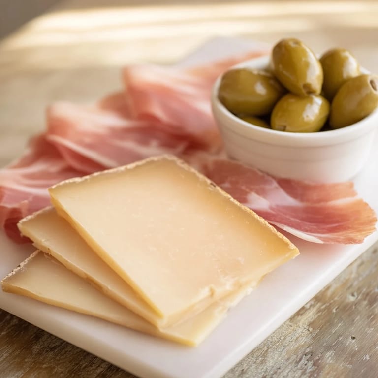 Elegant presentation of the Minimalism Master: aged cheese, charcuterie, and olives, ready to serve and enjoy.