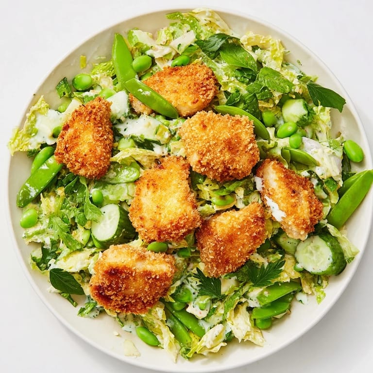 A bowl showing the colorful, chopped ingredients of the Green Goddess Nugget Salad perfectly mixed with dressing.
