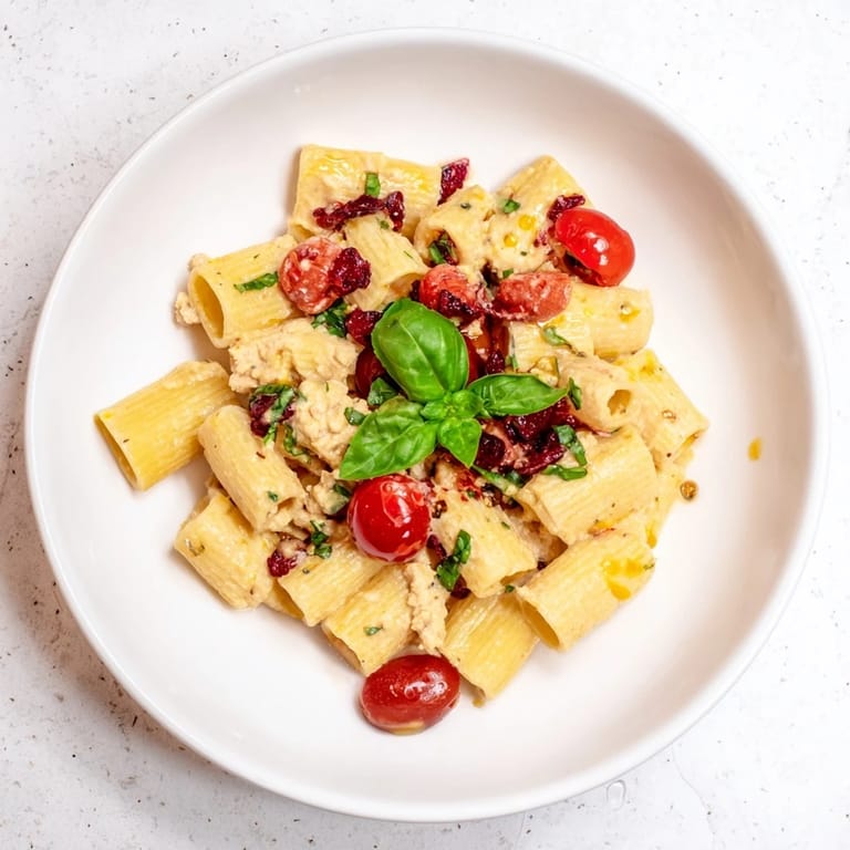 This vibrant baked feta pasta combines sweet bursts of cranberry amid a rich, cheesy sauce.