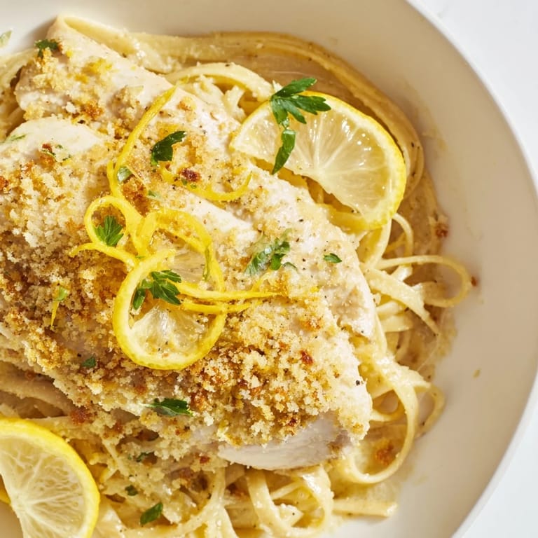 Creamy pasta coats tender Pasta with Lemon Brûlée Chicken, with a delicately caramelized lemon crust.