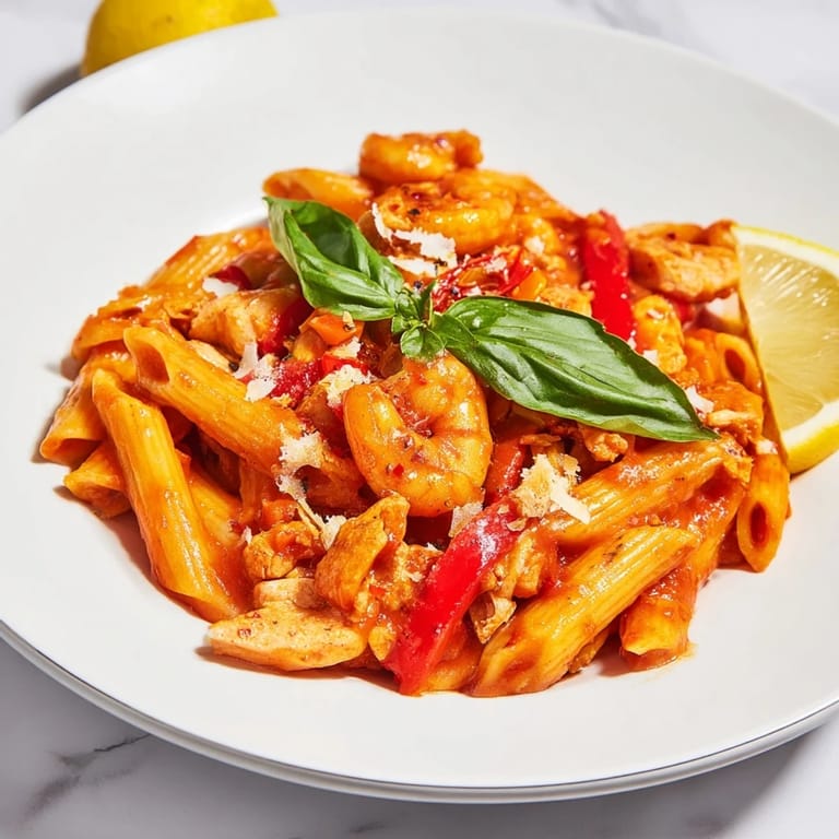This image spotlights a hearty bowl of One-Pot Diavola Pasta, garnished with fresh basil leaves.