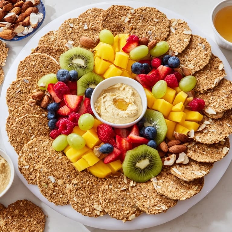 The Hidden Oasis: a beautiful appetizer platter overflowing with fresh fruits, dips, and nuts.