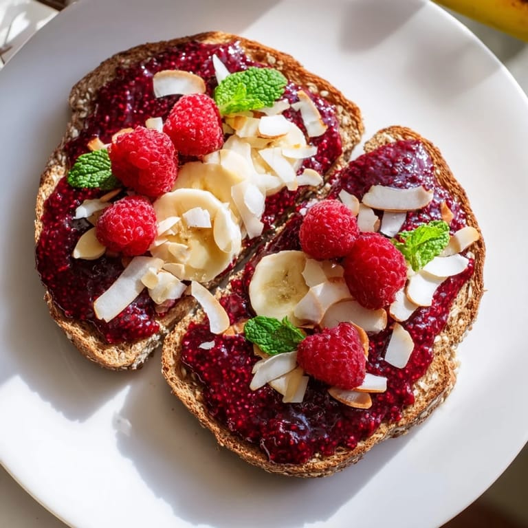 Enjoy the visually stunning, textured raspberry chia jam toast, perfect for a healthy and delicious snack.