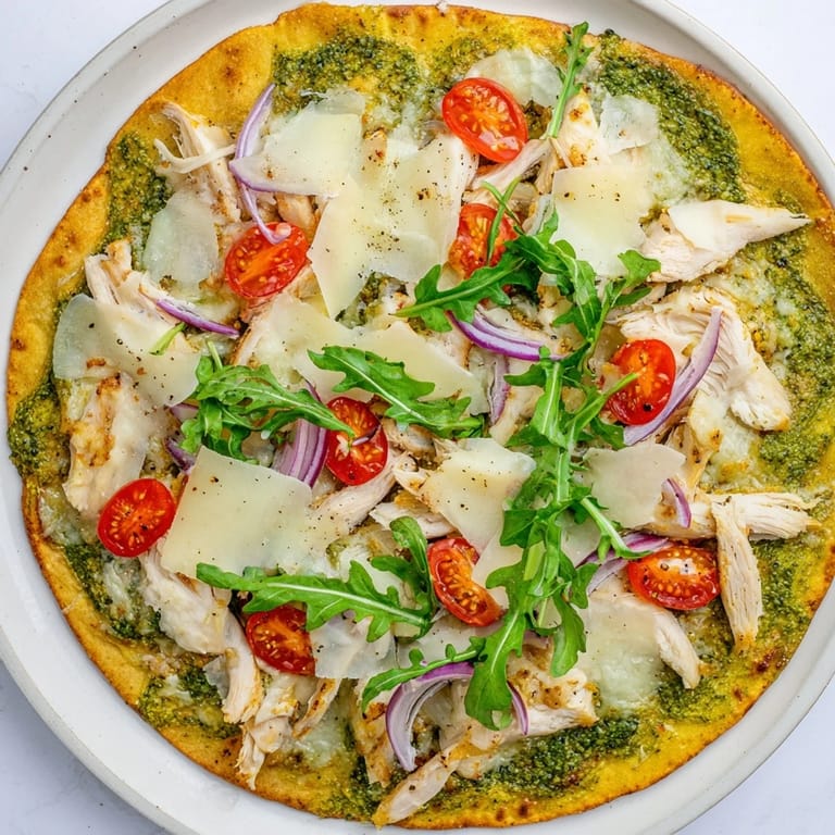 A close-up shot of a baked and cheesy Pesto Chicken Flatbread, perfect for a quick dinner.