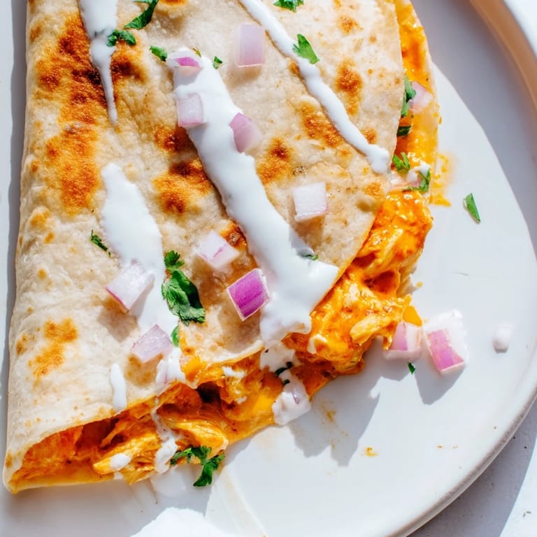 Enjoy the delicious layers of cheese and buffalo chicken inside this tempting quesadilla.