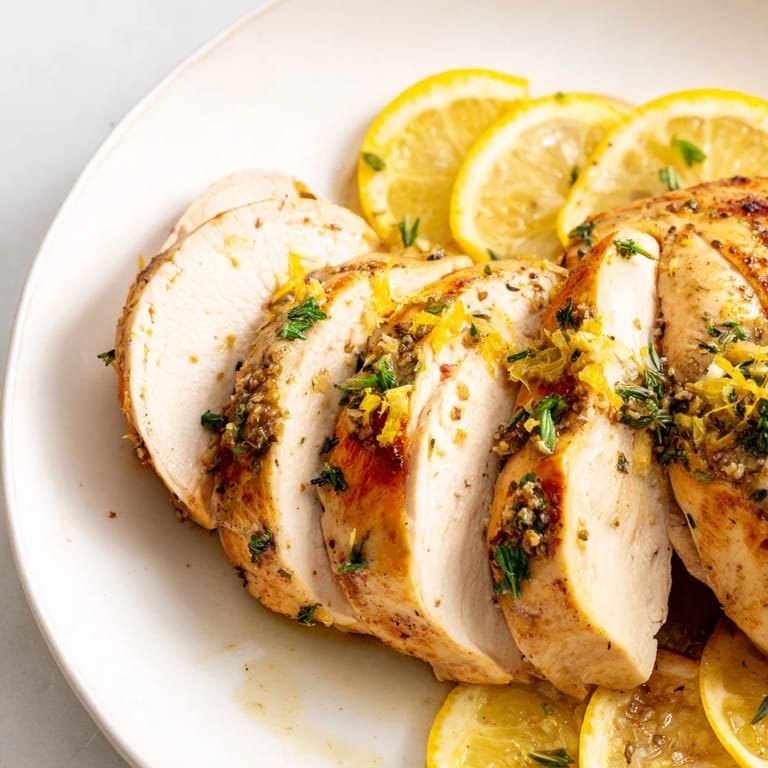 Close-up of fragrant Greek Lemon Herb Chicken, glistening with olive oil and fresh lemon juice.