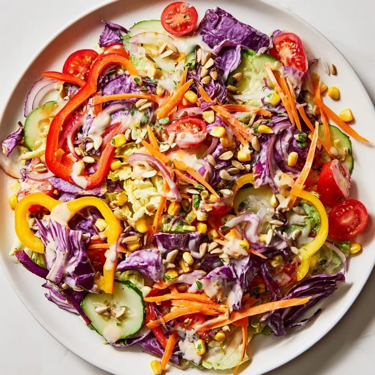 A beautiful, fresh rainbow salad bowl full of vibrant colors, perfect for a healthy lunch.