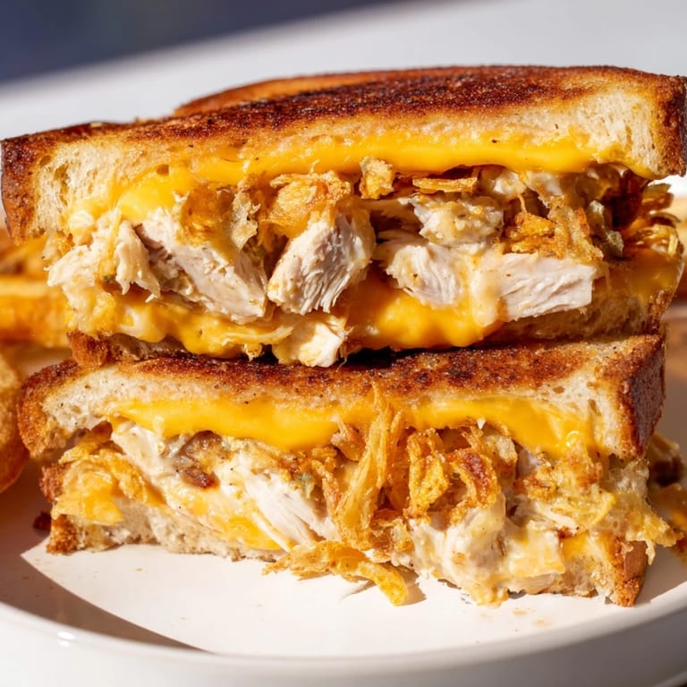 Close-up of a warm, comforting Crispy Shallot Chicken Grilled Cheese, perfect for a cozy meal.
