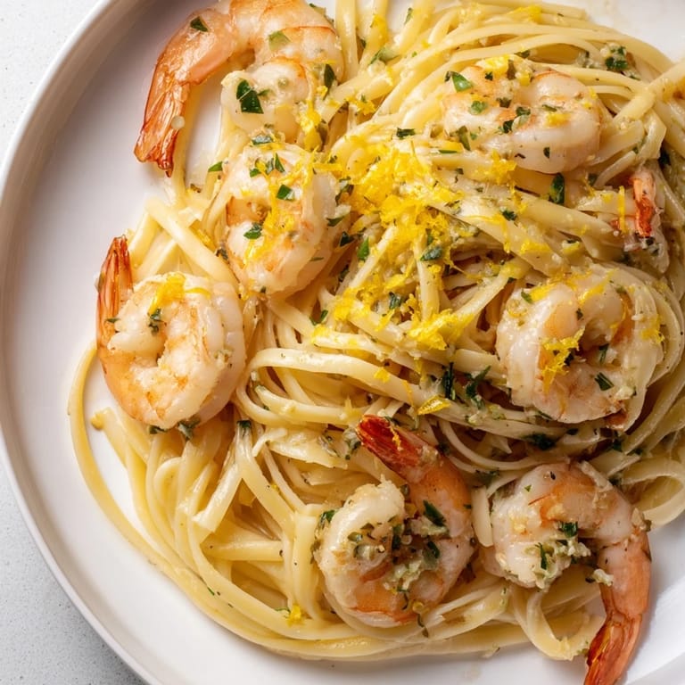 Perfectly cooked Lemon Herb Pasta with Shrimp, ready to serve with Parmesan cheese.
