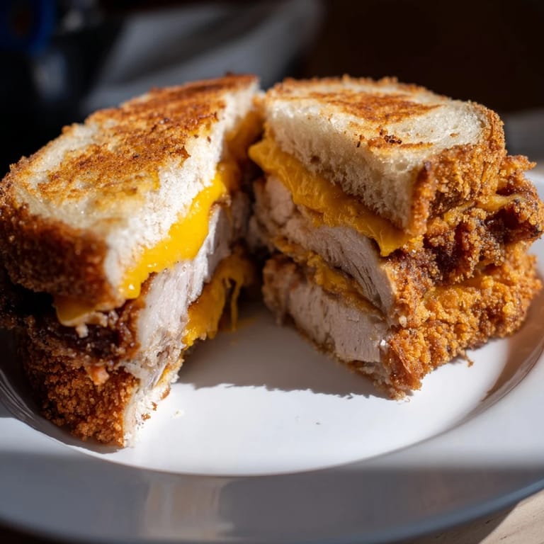 A close-up of a perfectly grilled Crispy Panko Pork Chop Grilled Cheese with a delicious aroma.