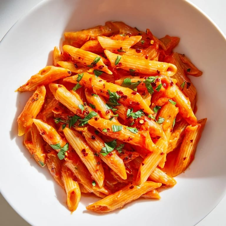 Close-up of a flavorful bowl of Penne all'Arrabbiata, showcasing the chili flakes and garlic.