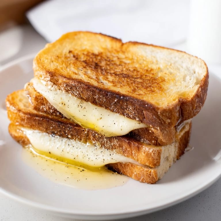 A close-up of a Truffle Oil Grilled Cheese with crispy bread and delicious, gooey cheese, ready to eat.