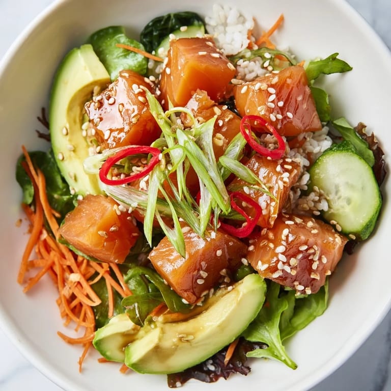 Delectable and refreshing Poke Bowl Salad, a light meal featuring sushi rice, avocado, and sesame seeds.