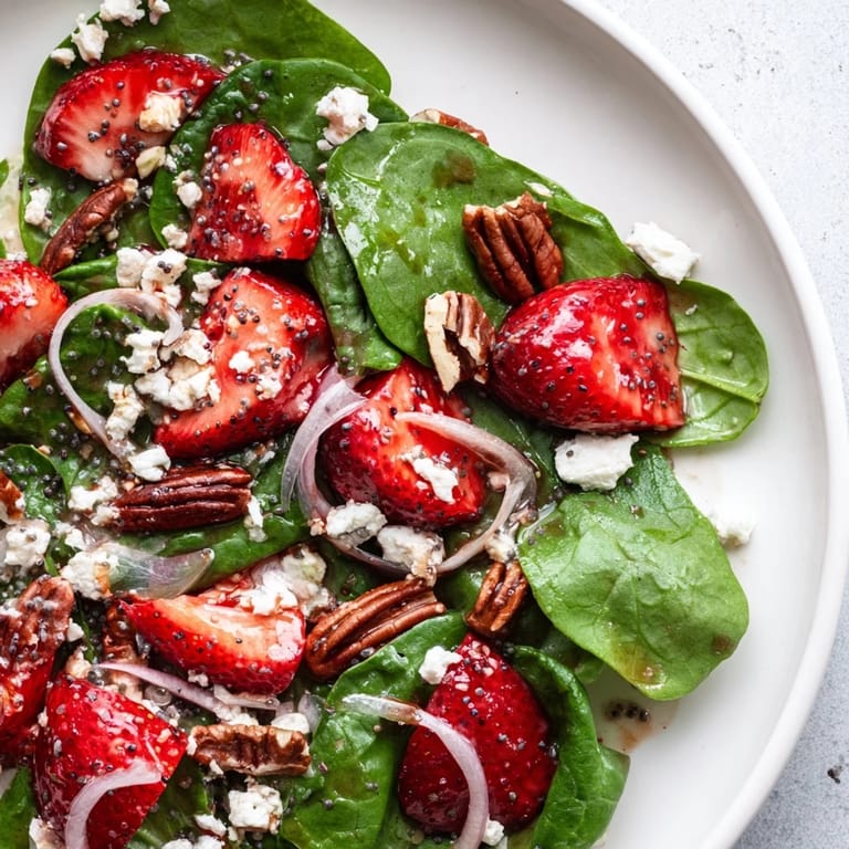 A sweet poppy seed dressing coats this vibrant spinach strawberry salad; perfect for summer.