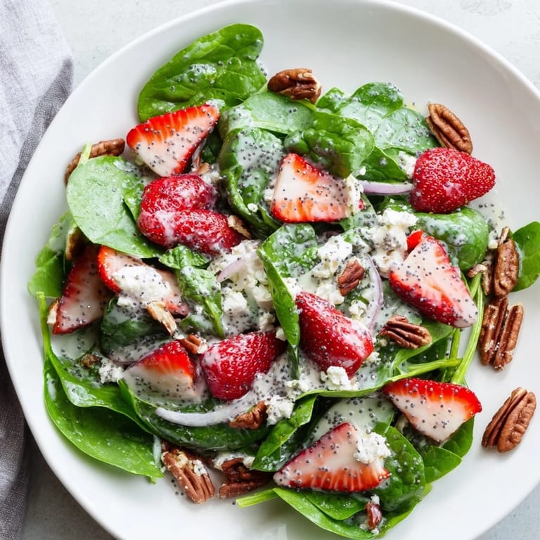 Beautiful, close-up shot of spinach strawberry salad, a refreshing vegetarian delight.