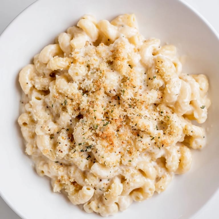 A close-up shot of rich, homemade mac and cheese, perfectly cheesy and comforting for dinner.