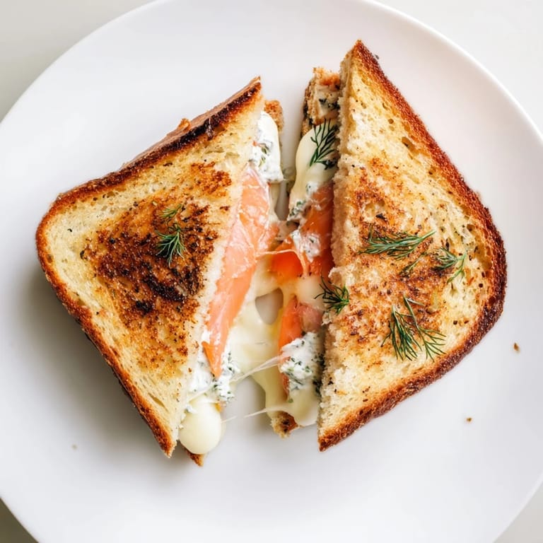 Perfectly grilled Smoked Salmon Grilled Cheese sandwich, a satisfying melty delight with fresh dill.