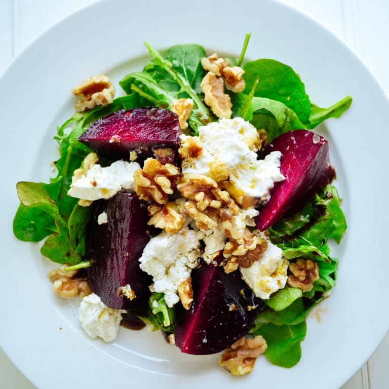 This fresh Beet and Goat Cheese Salad, drizzled with vinaigrette, shows colorful, healthy ingredients arranged.