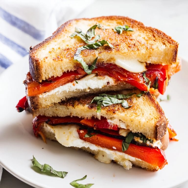 A close-up of a crispy Roasted Red Pepper Grilled Cheese, showing the perfectly grilled bread.