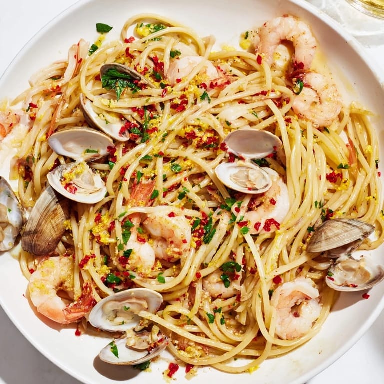 A close-up view of the delicious Seafood Pasta Aglio e Olio with shrimp, perfect for dinner tonight.