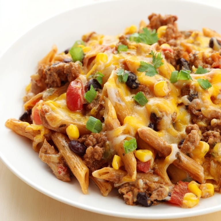 A close-up view of creamy cheesy taco pasta, showing the tender pasta and seasoned beef mixture.