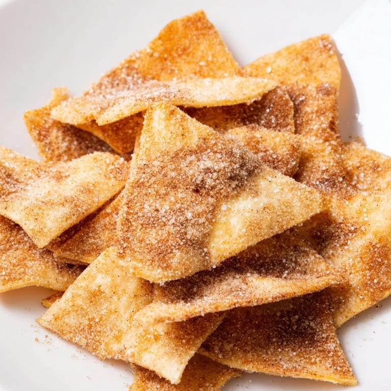 Freshly made cinnamon sugar tortilla chips, arranged on a plate, ready to be dipped and enjoyed.