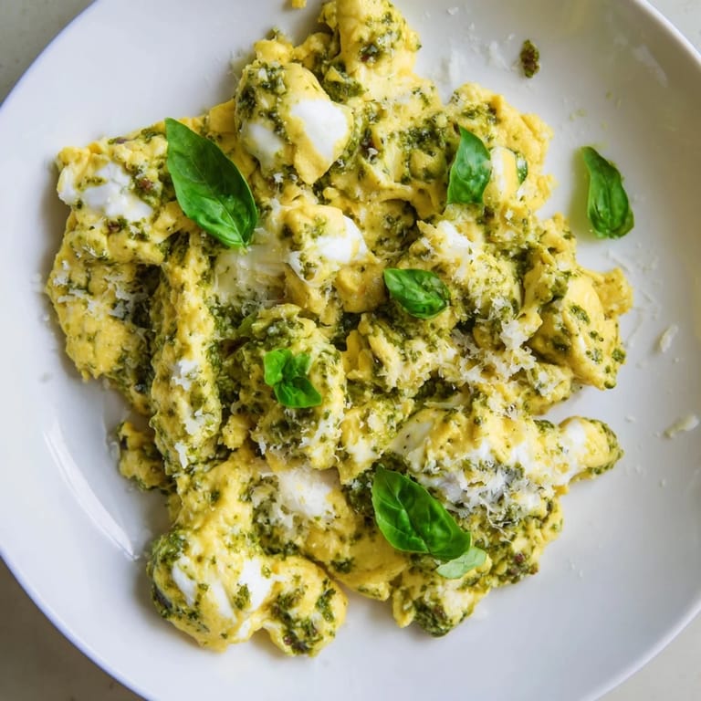 Fresh basil pesto enhances these protein-packed Pesto Cottage Cheese Eggs, a flavorful vegetarian brunch option.