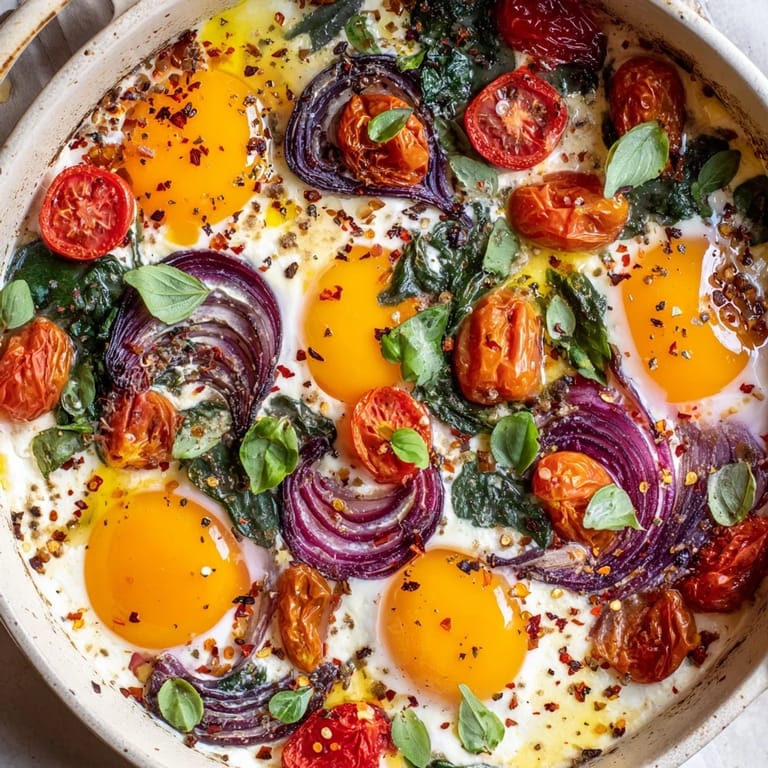 Sizzling baked feta eggs with runny yolks, garnished with fresh basil, ready for dipping with crusty bread.