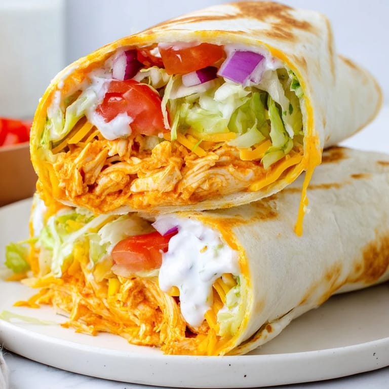 A folded tortilla showcasing a satisfying Buffalo Chicken Wrap with melted cheese and creamy ranch.