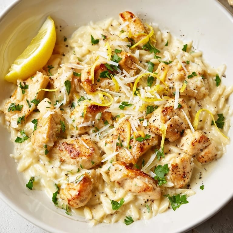 Tender chicken and creamy orzo swimming in a bright lemon sauce – a Creamy Lemon Chicken Orzo delight.
