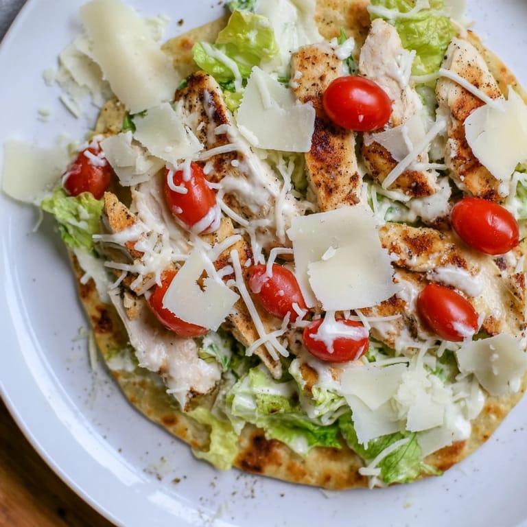 Golden, crispy-crusted Chicken Caesar Flatbread, perfectly topped with Parmesan and fresh tomatoes.