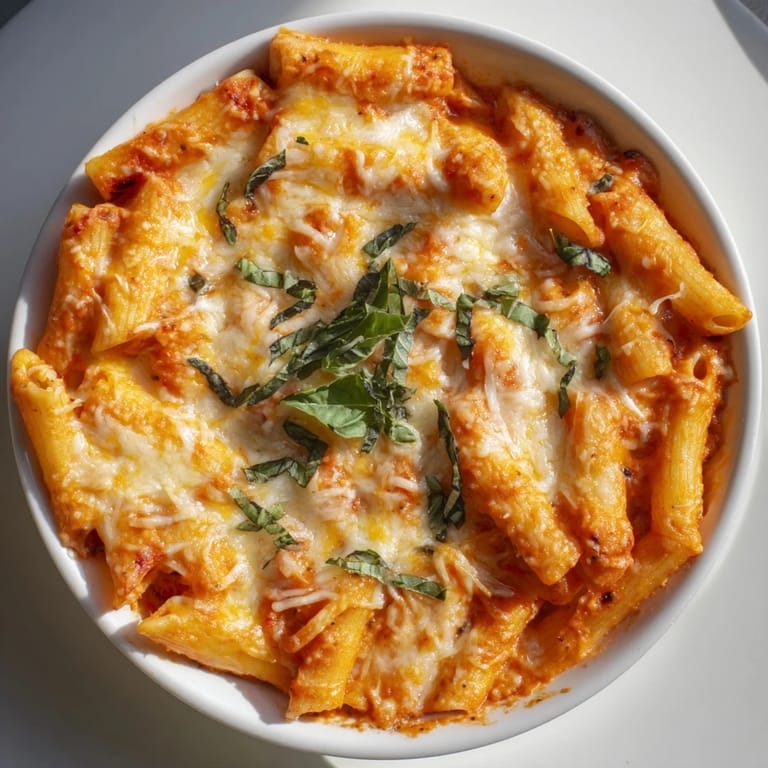 Freshly baked Italian Baked Penne Arrabbiata, bursting with rich tomato flavor and aromatic basil garnish.