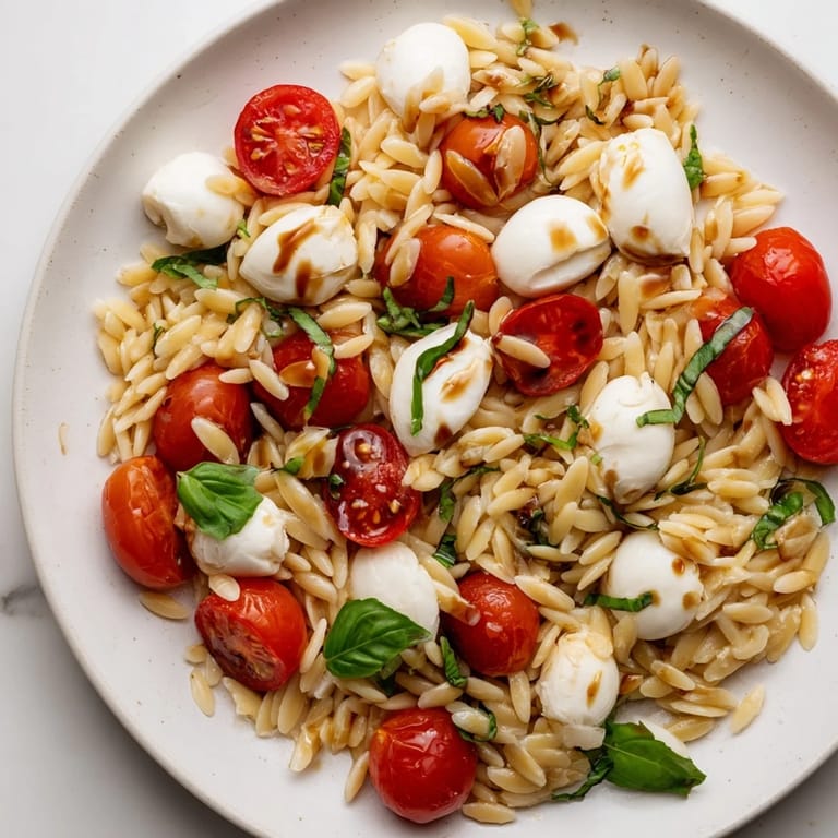 This colorful Caprese Orzo Salad presents a delicious medley of flavors perfect for warm weather meals.
