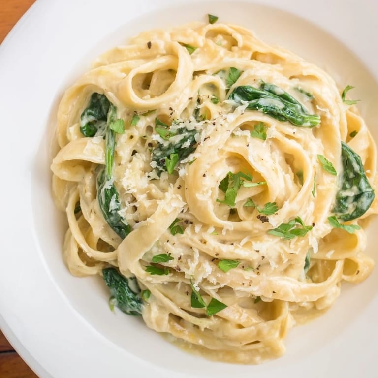 Tender fettuccine coated in rich Alfredo sauce with spinach, a delightful Creamy Spinach Fettuccine Alfredo.