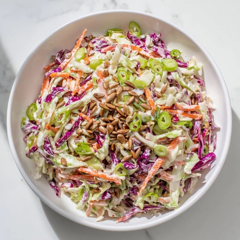 A close-up shot of the vibrant crunchy coleslaw salad, with sunflower seeds adding a lovely crunch.
